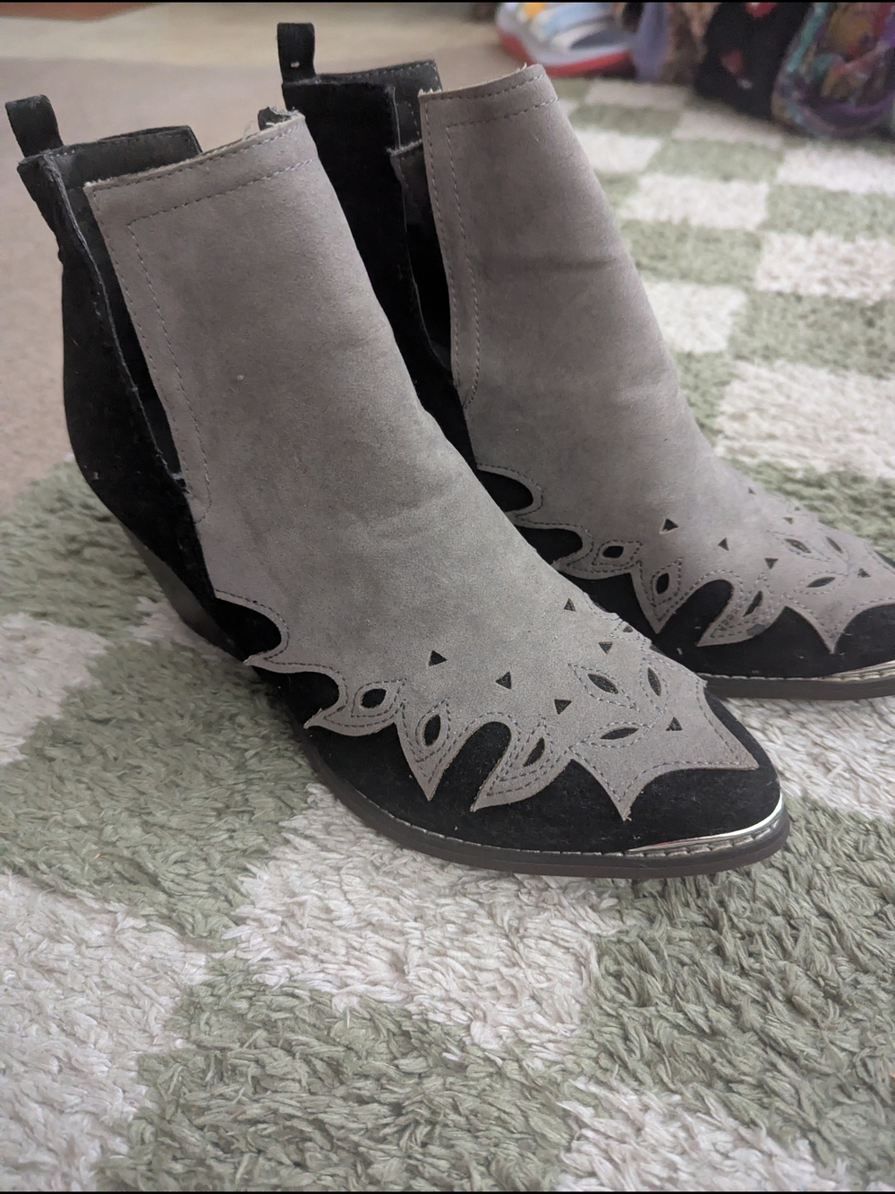 Suede Cutout Ankle Booties in Gray and Black - Women’s Fashion Booties